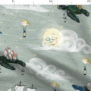 May include: A whimsical fabric design featuring a light blue background with white clouds, stars, and various sea creatures. A sleeping moon face is nestled in a cloud. A sea turtle carries a small white house with red roofs. Another sea turtle carries a lantern. A pufferfish is attached to a lantern and floats in the air.