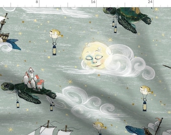May include: A whimsical fabric design featuring a light blue background with white clouds, stars, and various sea creatures. A sleeping moon face is nestled in a cloud. A sea turtle carries a small white house with red roofs. Another sea turtle carries a lantern. A pufferfish is attached to a lantern and floats in the air.