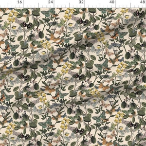 May include: A seamless pattern featuring a variety of butterflies, moths, and other insects on a cream background. The insects are depicted in a vintage style and are surrounded by green leaves and flowers.