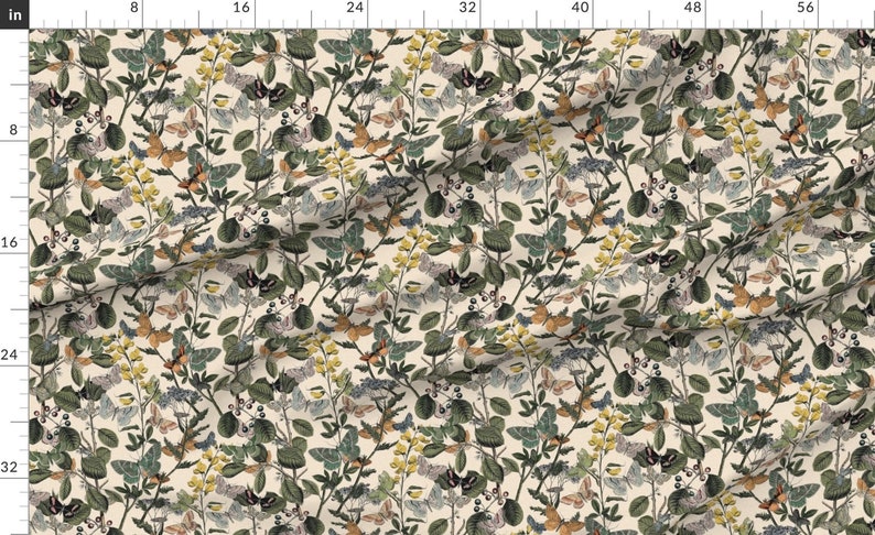 May include: A seamless pattern featuring a variety of butterflies, moths, and other insects on a cream background. The insects are depicted in a vintage style and are surrounded by green leaves and flowers.