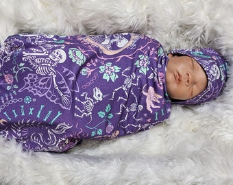 Pastel Goth Baby Swaddle + Hat or Band, Goth Baby Clothes, Bat in purple Teal Newborn Witchy Wrap, Skull Baby Blanket- 1 ONLY FLASH SALE