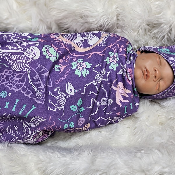 Pastel Goth Baby Swaddle + Hat or Band, Goth Baby Clothes, Bat in purple Teal Newborn Witchy Wrap, Skull Baby Blanket- 1 ONLY FLASH SALE