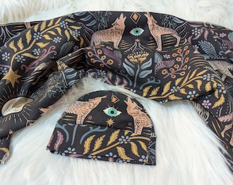 Witchy Baby Clothing, Howlin & Prowlin Wolf Swaddle + Hat or Band, Custom Outfit Goth Baby Aesthetic, All Seeing Eye Botanicals Full Moon