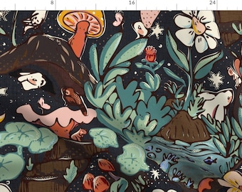 May include: A dark blue fabric with a whimsical pattern of mushrooms, flowers, rabbits, and stars. The pattern is repeated throughout the fabric.