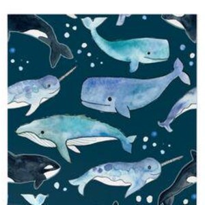 May include: A seamless pattern featuring watercolour illustrations of whales, orcas, and narwhals on a dark teal background. The whales are in various shades of blue and have white accents. The orcas are black and white, and the narwhals are light blue with white accents and a spiral horn.