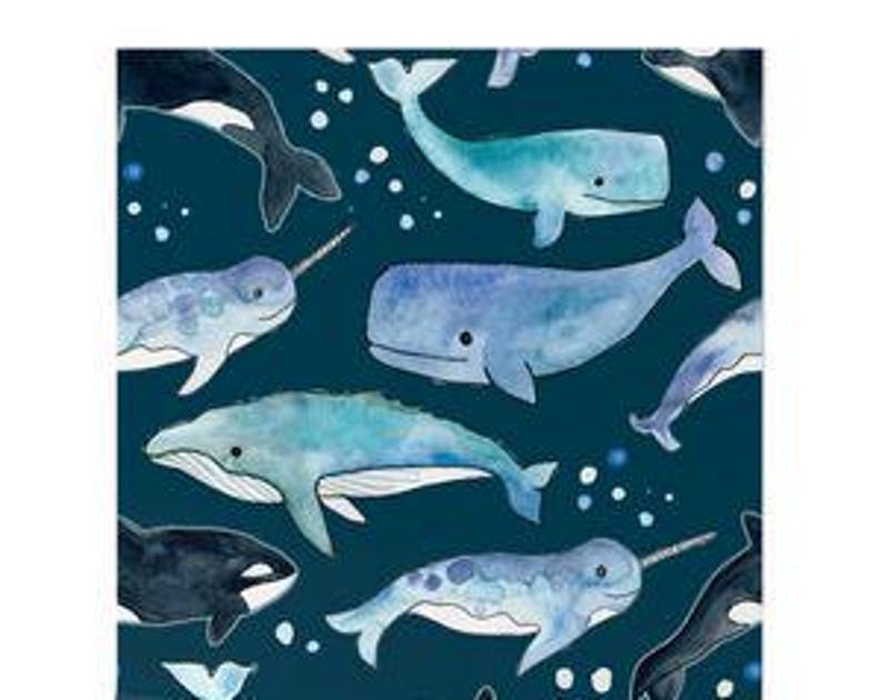 May include: A seamless pattern featuring watercolour illustrations of whales, orcas, and narwhals on a dark teal background. The whales are in various shades of blue and have white accents. The orcas are black and white, and the narwhals are light blue with white accents and a spiral horn.