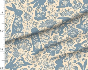Dancing Bunnies in Powder Blue on Cream Swaddle Blanket + Hat or Headband, Vintage Floral Botanicals, Rabbit Cottage Garden Nursery