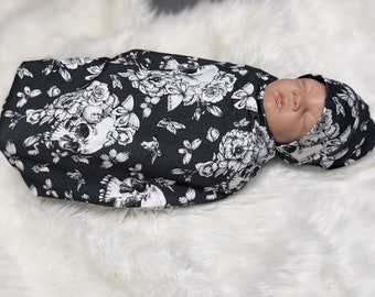 Goth Baby Swaddle Set, Skull & Flowers, Alt Nursery