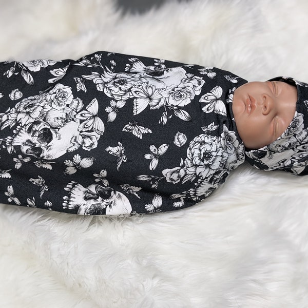 Goth Baby Clothing, Skull & Flowers Swaddle + Headband or Hat, Emo Baby, Alt Mom Gift, Spooky Baby Stuff, Dark Moody Nursery