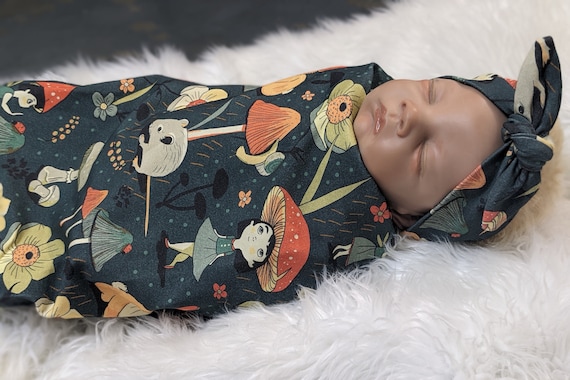 Mushroom Baby Set New Baby Gift Emerald Green Swaddle Hat Band