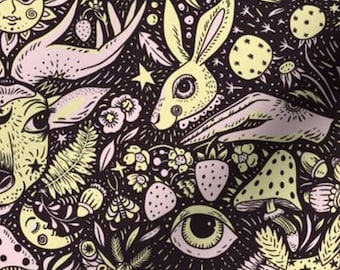 Goth Baby Set, Magical Forest Animals, plant flowers on black Swaddle + Hat or Band, Witchy Baby Stuff, Mushroom Baby, Magic Moon Celestial