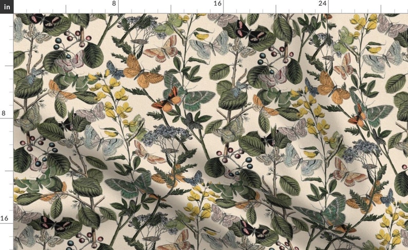 May include: A vintage botanical illustration featuring a repeating pattern of butterflies and flowers on a cream background. The butterflies are depicted in various colors, including blue, green, orange, and black. The flowers are yellow, white, and green.