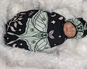 Witchy Baby Clothes, Lunar Moth Swaddle with Hat or Headband, Moonlit Green on Black Knit for Soft Stretchy Fit, spiritual baby