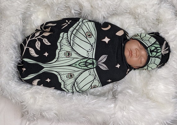 Witchy Baby Clothes, Lunar Moth Swaddle with Hat or Headband, Moonlit Green on Black Knit for Soft Calming Fit, Fall Halloween Baby