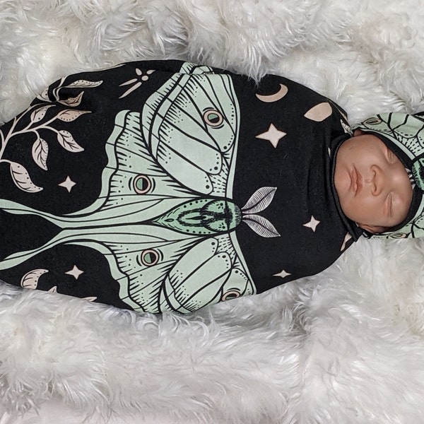 Witchy Baby Clothes, Lunar Moth Swaddle with Hat or Headband, Moonlit Green on Black Knit for Soft Stretchy Fit, spiritual baby