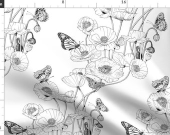 May include: Black and white floral pattern featuring detailed line art of poppies and butterflies. The design includes various stages of the poppy flower, from buds to full blooms, with several butterflies resting on the petals. The overall theme is nature and botanical.