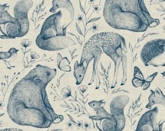 May include: A repeating pattern of woodland creatures in shades of blue on a cream background. The design includes foxes, bears, squirrels, deer, hedgehogs, birds, butterflies, and floral elements. The illustrations have a sketched appearance.
