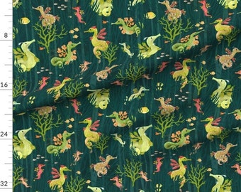 May include: Sea horse pattern fabric in teal green with yellow, orange, and green seahorses, coral, and seaweed. The fabric has a repeating pattern.