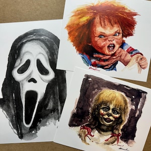 Watercolor Horror Movie Prints of original paintings, Scream, Annabelle, Chucky