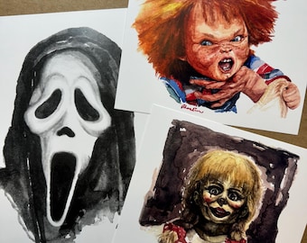 Watercolor Horror Movie Prints of original paintings, Scream, Annabelle, Chucky