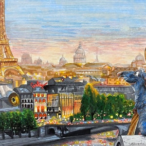 Ratatouille scene, artwork, fan art, Paris scene, family movie, Disney, copic markers, Disney drawing, Remy, ink, print of original drawing