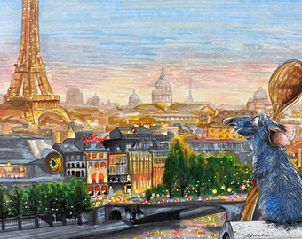 Ratatouille scene, print, fan art, Paris scene, family movie, Disney, artwork, Disney drawing, Remy,