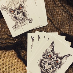Mini Bat & Skull Ink Drawings, Prints of original artwork, Halloween art, Spooky decor