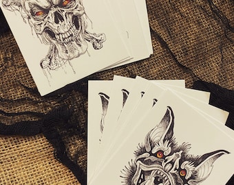 Mini Bat & Skull Ink Drawings, Prints of original artwork, Halloween art, Spooky decor