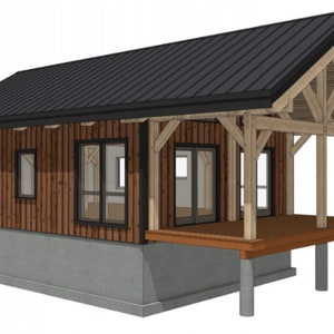 May include: A small wooden cabin with a covered porch and a black metal roof. The cabin has a wooden foundation and large windows.