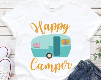 Happy Camper Shirt for Women - Adventure TShirt for Her - Travel Gift Crewneck Shirt - Cute Camping Shirt for Women - Gift for Nature Lover