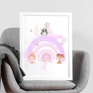 Personalised name and birth details print, new baby rainbow print, personalised name print, woodland animals birth print, baby girl print