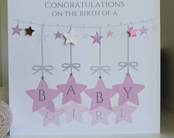 A new baby girl card, baby girl star card, newborn baby card, birth of a girl card, congratulations on the birth card, born in 2022 card