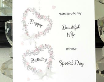 Beautiful wife birthday card, wife birthday card, hanging heart wife birthday card, wife card,