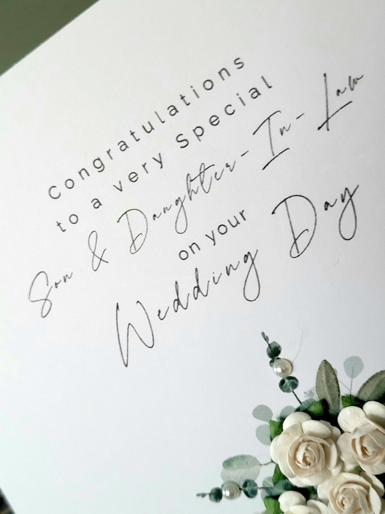 Son and daughter-in law personalised wedding day card, white flower bouquet wedding card, bride and groom card, to the new mr and mrs card image 4