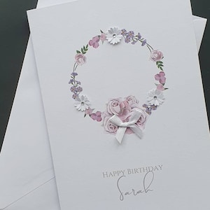 tarjeta de cumpleaños de flores, tarjeta de cumpleaños con nombre personalizado, tarjeta de cumpleaños de corona lila personalizada, tarjeta de cumpleaños de flores,