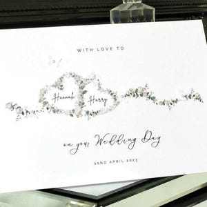 Weiße Hochzeit Karte, zwei Herzen, Karte zum Hochzeittag, personalisierbare Hochzeitskarte mit Namen und Datum, zur neuen mr and mrs Karte, Hochzeitskarte