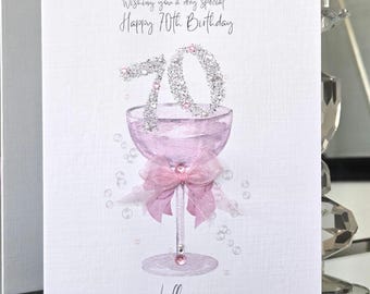 70th birthday card, personalised 70th birthday card for her, pink champagne 70th birthday card, sparkly 70th birthday card, birthday card