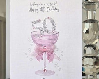50th birthday card, happy 50th birthday card, pink champagne 50th birthday card, sparkly 50th birthday card, birthday card