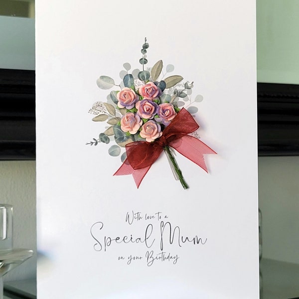 Special mum pink flower bouquet birthday card, mum birthday card, handmade bunch of flowers mum birthday card, pink flowers mum birthday car