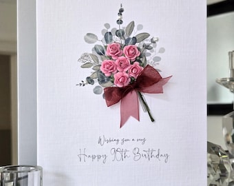 Special pink flower bouquet 90th birthday card for women, 90th birthday card for her, ninetieth birthday card, flowers 90th birthday card