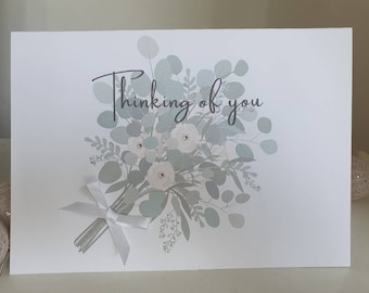 Thinking of you card, sympathy card, thinking of you green bouquet card, thinking of you green bouquet and flowers card