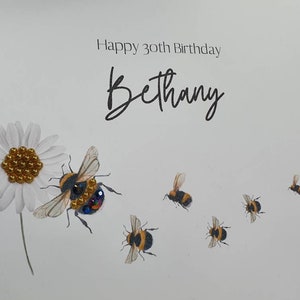 Bijenkaart, gepersonaliseerde naam en leeftijd bijenverjaardagskaart, 16e, 18e, 21e, 30e, 40e etc bijenverjaardagskaart voor haar, verjaardagskaart van het meisje