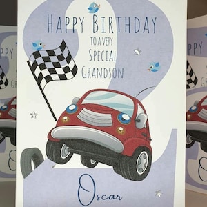 Gepersonaliseerde 2e verjaardagskaart voor jongen, eerste verjaardagskaart jongen, verjaardagskaart racewagen, verjaardagskaart kleinzoon, kaart 2e kleinzoon
