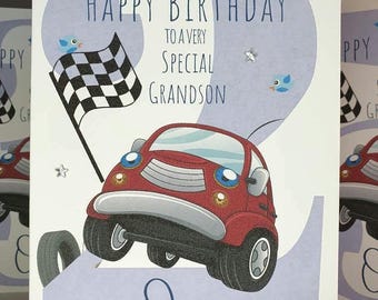 Tarjeta de cumpleaños personalizada para el segundo cumpleaños, diseño de coche de carreras
