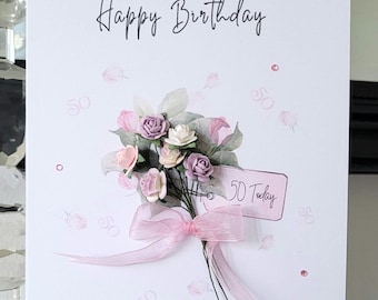 Special 50th paper flower bouquet birthday card for women, 50th birthday card for her, fiftieth birthday card, flowers 50th birthday card
