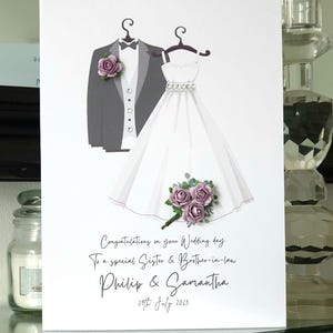 Cartão de casamento personalizado para irmã e cunhado, cartão de casamento, cartão de casamento, buquê de flores de papel lilás especial, cartão de casamento