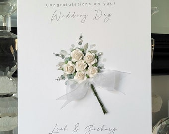 Carte de mariage bouquet de fleurs blanches, carte de jour de mariage, carte de mariage avec nom personnalisée, à la nouvelle carte de monsieur et madame, carte de mariage blanche