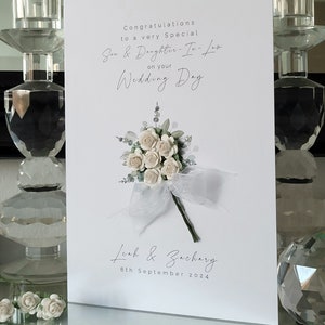 Son and daughter-in law personalised wedding day card, white flower bouquet wedding card, bride and groom card, to the new mr and mrs card image 2