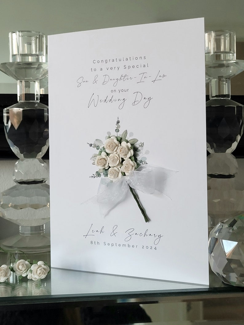 Son and daughter-in law personalised wedding day card, white flower bouquet wedding card, bride and groom card, to the new mr and mrs card image 2