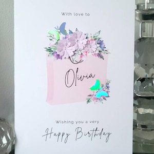 Carte d’anniversaire de sac à provisions personnalisée, carte de joyeux anniversaire, carte d’anniversaire nominative, carte d’anniversaire de fille, carte d’anniversaire pour dames